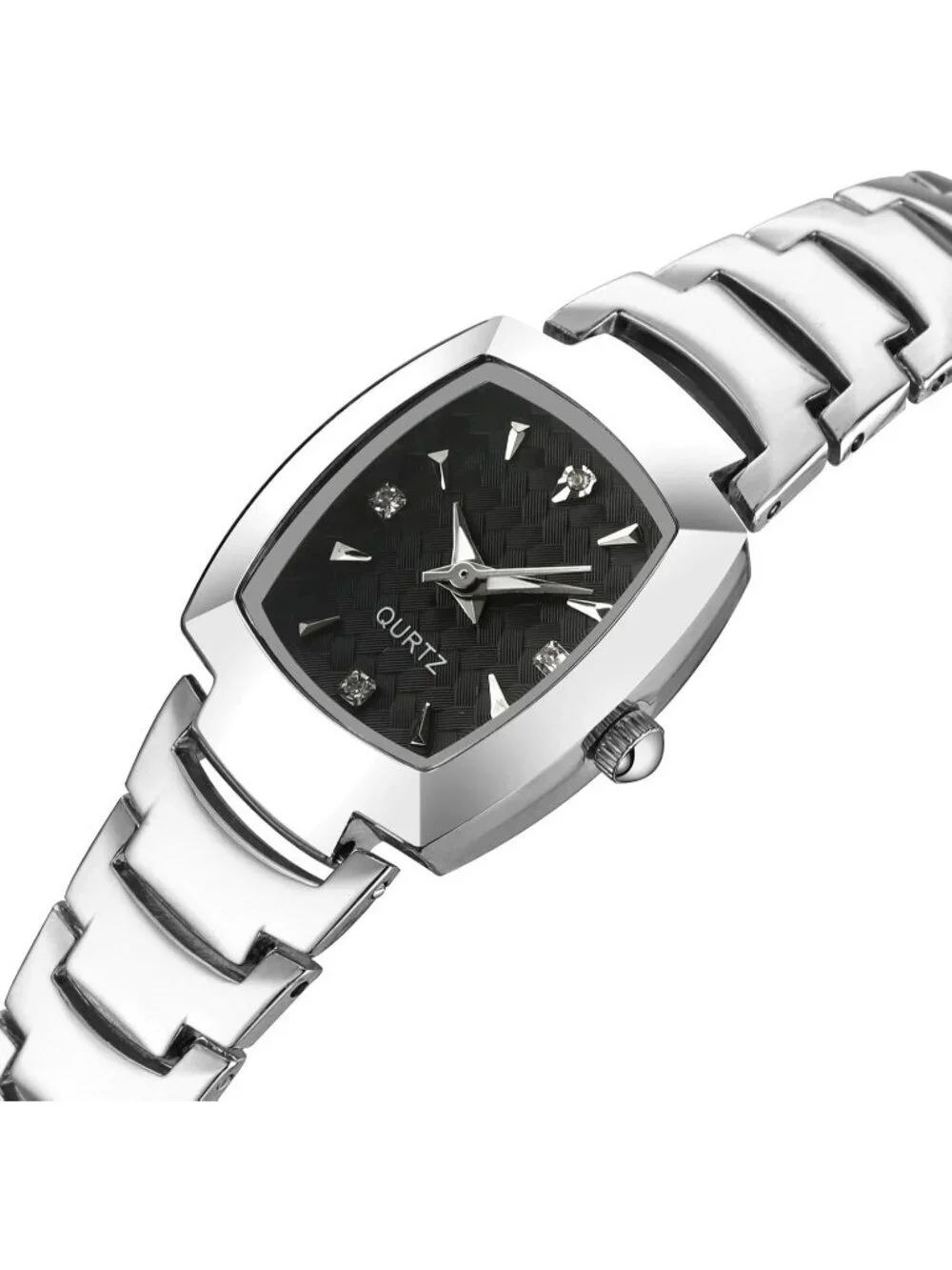 Women's Silver And Black Analog Steel Dainty Rectangle Waterproof Square Watch